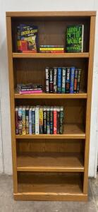 5-Shelf Oak Finish Bookcase with Approx. 27 Hardcover/Mystery Books, Visible Wear at Base- John Sanford and More