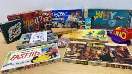 Vintage & Classic Board Game Lot &ndash; Clue, WHY Mystery, Fast 111's, UNO, Jenga, Scene It?, More