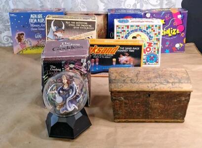 (1) Vintage 1995 TechniArt "The Guiding Goddess" Talking Crystal Ball Game, (1) Small Vintage Wooden Chest & (7) Assorted Vintage Board Games
