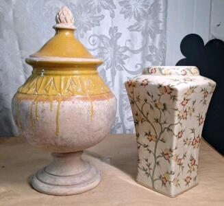 (1) Large 18" Earthware Pot W/ Lid & (1) 13" Ceramic Vase