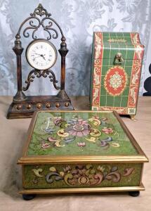 (1) 20" Tall Retro Battery Operated Table Clock, (1) Decorative Tin Box & (1) Decorative Mirrored Box