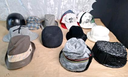 (9) Assorted Vintage Hats & (6) Baseball Caps & (1) Foux Leather Motorcycle Helmet