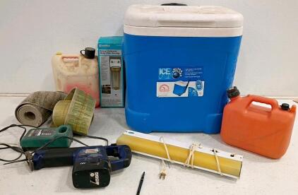Mixed Lot: Igloo 60qt Roller Cooler, Tool Shop 18V Cordless Saw (could not test functions), Culligan Filter, Gas Cans & More