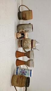 Assorted Handmade Pottery Mugs, German Beer Stein with Pewter Lid, Artisan Goblets &ndash; Set of 9