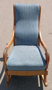 Vintage Wood Rocking Chair, Blue Upholstery, Carved Arms, Victorian Style, 1940s&ndash;1960s