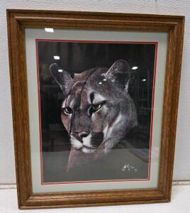 Wooden Framed Mountain Lion Art Print Signed 1988, 26"x22"