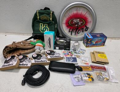 Mixed Lot: Oregon Backpack, 49ers Clock, Steelers Decals, MOVO Strap, Train Kit, NFL Puzzle And More