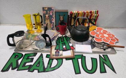 Assorted Kitchenware & D&eacute;cor Lot: Glass Coffee Pots, Cast Iron Kettle, Llama Art, Coasters, Linens