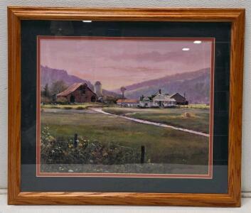 Framed Landscape Art Print 26x23.5 in, Oak Frame, Double Mat, Rural Farmhouse & Barn Scene