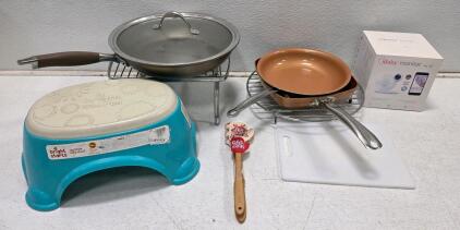 Mixed Household Lot: Step Stool, Pans, Spatula, Cutting Board, iBaby Monitor