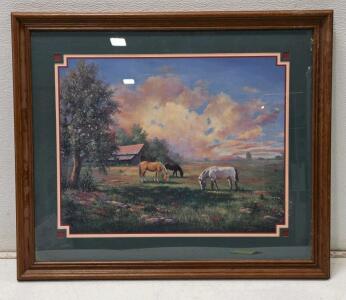 (1) 26.5"x23" Home Interiors and Gifts framed western art print titled "Hillside Gathering" signed by artist Penny Scroggins.