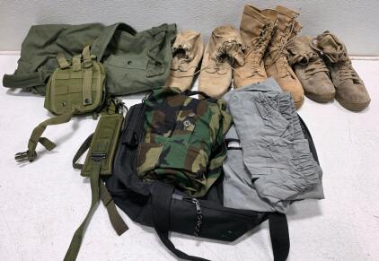 US Military Surplus Gear Set: 3 Pairs Combat Boots, Duffel Bags, Woodland BDU Jacket, Pouches