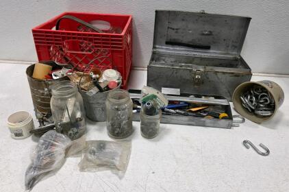 Large Mixed Hand Tool & Hardware Lot &ndash; Metal Toolbox, Pliers, S-Hooks, Fasteners, Chains And More
