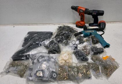 Mixed Lot: Black+Decker, Makita Cordless Drills (No Chargers) & 10+ Bags Hardware Washers Bushings