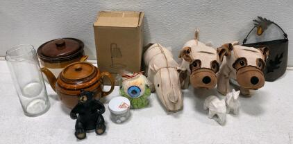 Mixed Home Decor Lot with Ceramic Teapots, Fabric Animal Doorstops, Vases, Lamp, and More