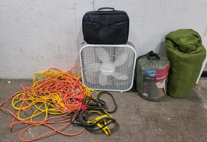 Mixed Lot: Box Fan, Sleeping Bags, Extension Cords, Jumper Cables, and More