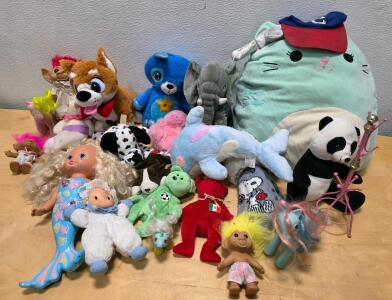 Large Mixed Lot: Squishmallow-Style Cat, Vintage Troll Dolls, My Little Pony, Plush Animals, 19+ Items