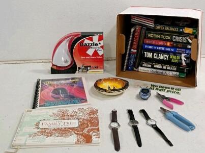 Mixed Lot: Bulova Watch, Bestsellers (Clancy, Cook), Dazzle DVD Recorder, Collectibles, Tools