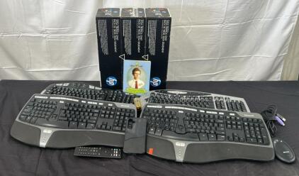 (1) Microsoft Wireless Optical Desktop Receiver 3.0 (3) Microsoft Keyboards (1) Logitech Keyboard (3) 305A Tri-pack Only Printer Cartridges, And More