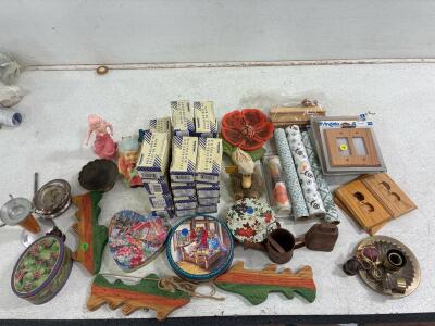 (23) Towel bar posts, Assorted light switche,(8) original packaging light switches, miscellaneous home decore, (3)ash trays