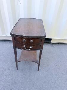 Vintage Bow-Front Mahogany Side Table with Two Drawers and Lower Shelf