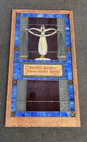 Stained Glass Panel, "Justice Justice Thou Shall Seek", Scales Of Justice, Oak Frame, 36"x20"