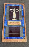 Stained Glass Panel, "Justice Justice Thou Shall Seek", Scales Of Justice, Oak Frame, 36"x20"