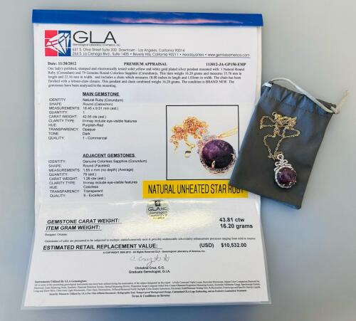 Natural 42.55Ct Star Ruby Pendant Necklace, Gold/Silver, 79 Sapphires, GLA Certified, Orianne