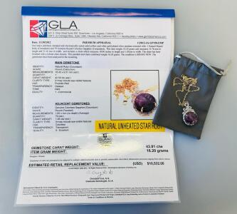 Natural 42.55Ct Star Ruby Pendant Necklace, Gold/Silver, 79 Sapphires, GLA Certified, Orianne