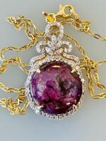 Natural 42.55Ct Star Ruby Pendant Necklace, Gold/Silver, 79 Sapphires, GLA Certified, Orianne - 2