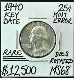1940 Washington Quarter, Rotated Dies Mint Error, MS68, 90% Silver, Key Date, Rare