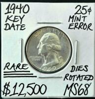1940 Washington Quarter, Rotated Dies Mint Error, MS68, 90% Silver, Key Date, Rare