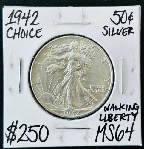 1942 Walking Liberty Half Dollar, MS64, 90% Silver, Philadelphia Mint