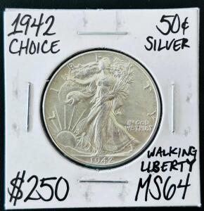 1942 Walking Liberty Half Dollar, MS64, 90% Silver, Philadelphia Mint