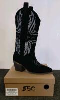 Women&rsquo;s Cowboy Western Boots, Embroidered Faux Suede, Sizes 5&ndash;6, Tan/Black + Butterfly Necklace - 4
