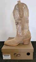 Women&rsquo;s Cowboy Western Boots, Embroidered Faux Suede, Sizes 5&ndash;6, Tan/Black + Butterfly Necklace - 5