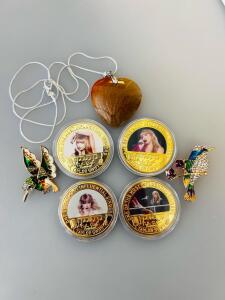 Taylor Swift Gold-Plated Fan Coin Set, Heart Pendant Necklace & Rhinestone Bird Brooch Lot