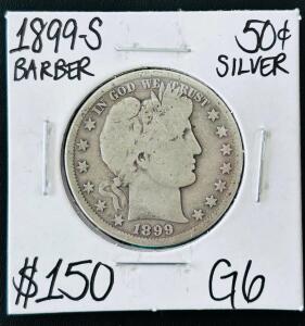 1899-S Barber Half Dollar, San Francisco Mint, 90% Silver, G6 Grade, 1.686M Mintage