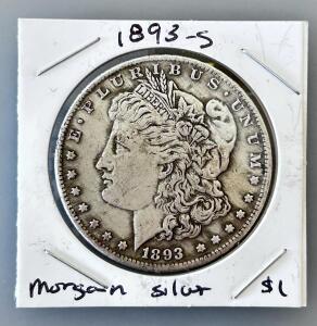1893-S Morgan Silver Dollar, Key Date, 90% Silver, 26.73g, 38.1mm, Circulated
