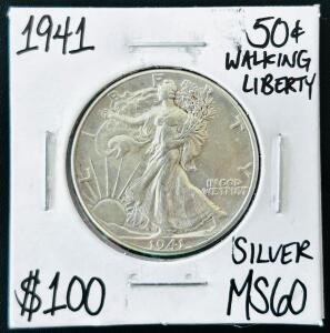 1941 Walking Liberty Half Dollar MS60, 90% Silver Coin, Philadelphia Mint, 50&cent;, Encapsulated