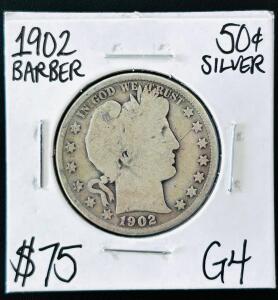 1902 Barber Half Dollar, 90% Silver, G4 Grade, Philadelphia Mint