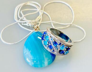 Sterling Silver Blue Gemstone Ring & Teardrop Pendant Necklace Set, Multi-Stone, 18" Chain and Ring Size 9