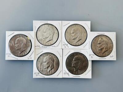 1974 & 1978 Eisenhower Dollar Coins, Denver Mint, Copper-Nickel Clad, 6 Coins