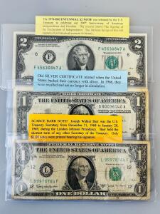 1976 $2 Bicentennial Note F45630847A, 1957B $1 Silver Certificate, 1963B Barr $1 Note