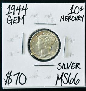 1944 Mercury Dime, 90% Silver, MS66 Grade, GEM, 10&cent; Coin, Winged Liberty Design