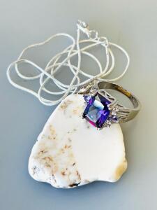 Sterling Silver Howlite Pendant Necklace & Rectangular Purple Gemstone Ring Set, 925 Hallmarked (Ring Size 10)