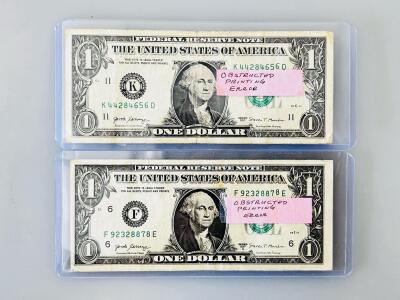 Pair of 2017 $1 Federal Reserve Notes, Obstructed Printing Error, K44284656D & F92328878E