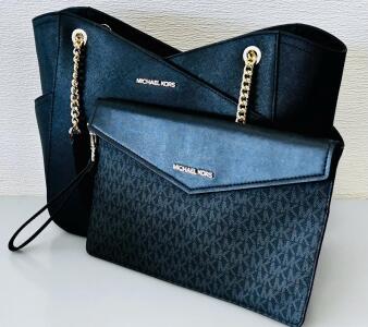 Michael Kors Jet Set Black Saffiano Leather Tote With Gold Chain Handles & Monogram Pouch