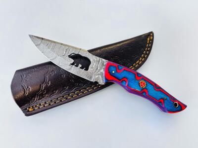 Custom Damascus Fixed Blade Knife, Bear Cutout, Drop Point, Colorful Handle, Leather Sheath