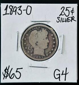 1893-O Barber Quarter Dollar, Good-4 Condition, 90% Silver, 3.396 Million Minted